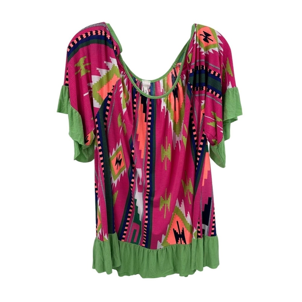 Lilypad Women Large Pink Green Southwestern Geometric Cold Shoulder Ruffle Top